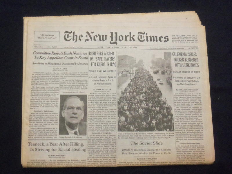 1991 APR 12 NEW YORK TIMES NEWSPAPER - BUSH SEES ACCORD ON SAFE HAVENS - NP 7068