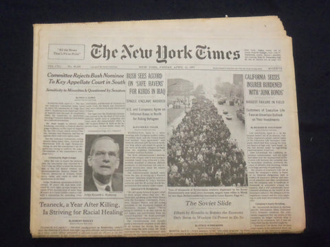 1991 APR 12 NEW YORK TIMES NEWSPAPER - BUSH SEES ACCORD ON SAFE HAVENS - NP 7068