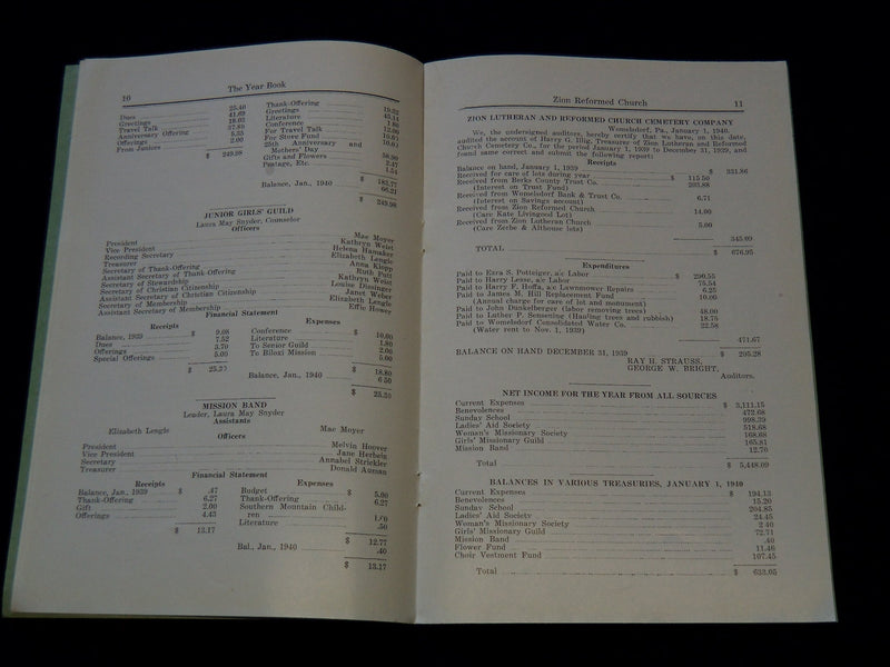 1939 ZION REFORMED CHURCH THE YEAR BOOK SCHEDULE FOR 1940 - J 7409