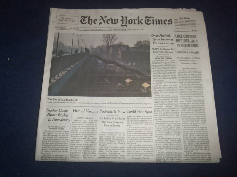 2021 NOVEMBER 5 NEW YORK TIMES-LARGE COMPANIES HAVE UNTIL JAN 4 TO REQUIRE SHOTS