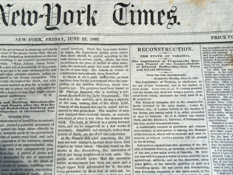 1865 JUNE 23 NEW YORK TIMES NEWSPAPER - RECONSTRUCTION - VIRGINIA - NP 3996