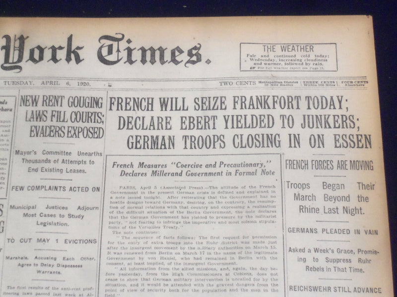 1920 APRIL 6 NEW YORK TIMES - FRENCH WILL SEIZE FRANKFORT TODAY - NT 8282