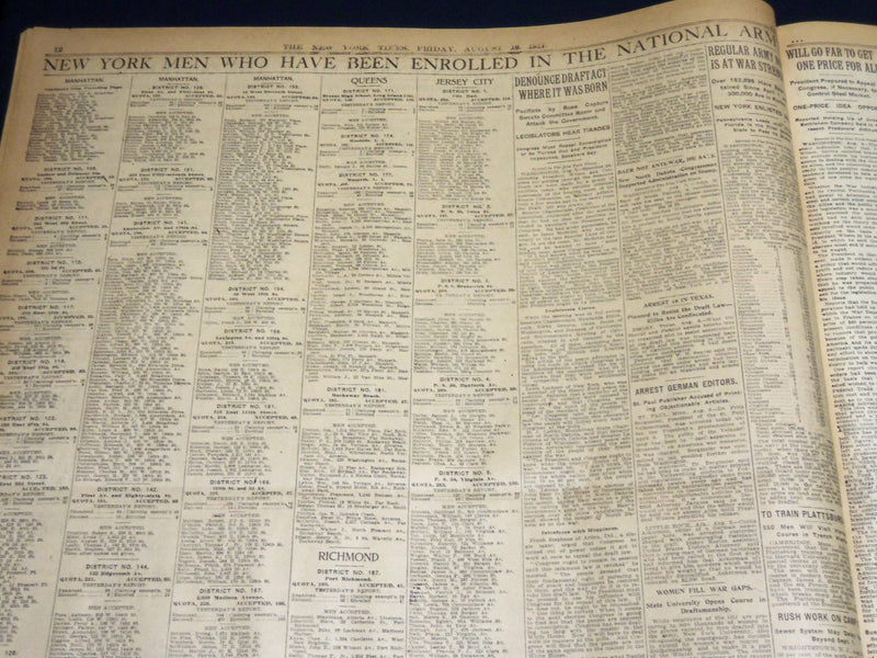 1917 AUGUST 10 NEW YORK TIMES - PRESIDENT ISSUES DRAFT CALL TO COLORS - NT 8507