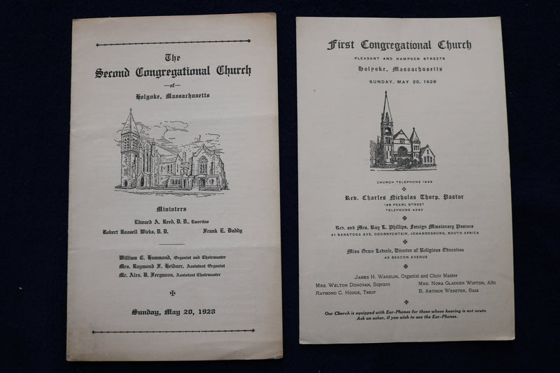 1928 MAY 20 CONGREGATIONAL CHURCH OF HOLYOKE, MA PROGRAMS - LOT OF 2 - K 1509