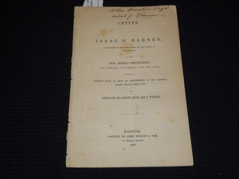 1852 ISAAC BARNES LETTER TO ELISHA WHITTLESEY - PATRICK RILEY & WARREN - J 7504