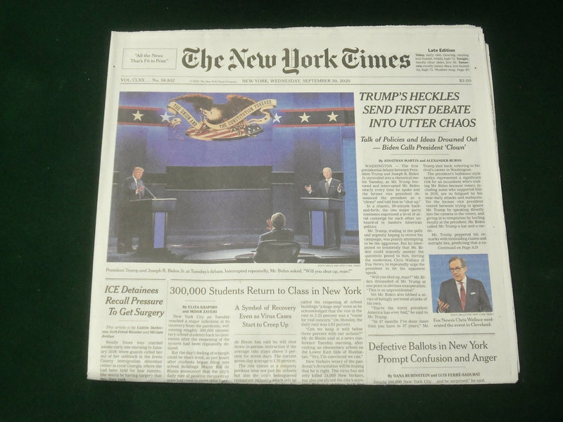 2020 SEPTEMBER 30 NEW YORK TIMES - TRUMP'S HECKLES SEND DEBATE INTO UTTER CHAOS