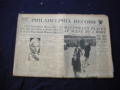 1935 JANUARY 23 PHILADELPHIA RECORD NEWSPAPER-HAUPTMANN PLACED AT SCENE- NP 6009