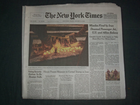 2020 JANUARY 10 NEW YORK TIMES - MISSLES FIRED BY IRAN DOWNED PASSENGER JET