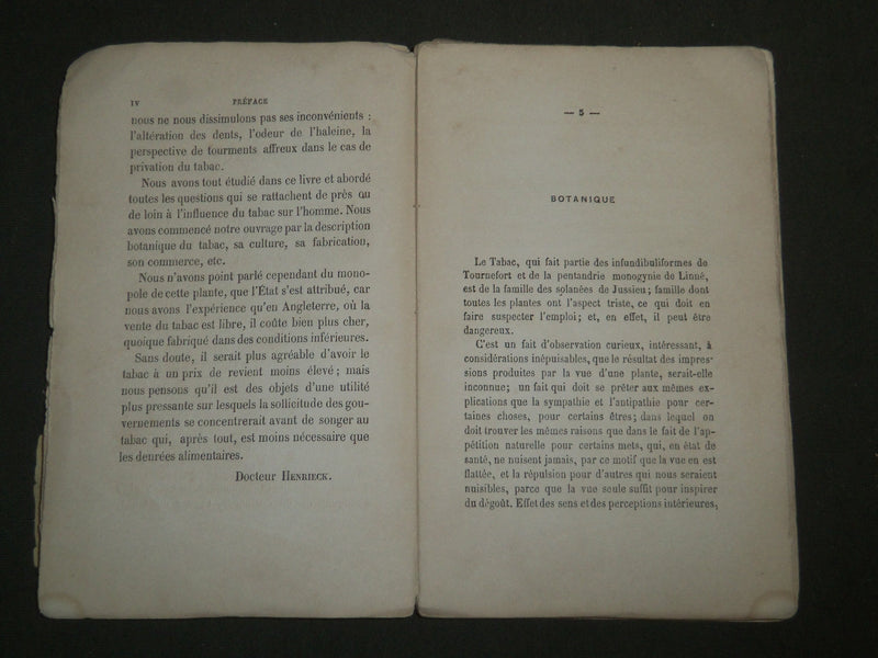 1864 DU TABAC SON INFLUENCE SUR L'HOMME BOOK BY DOCTEUR G. A. HENRIECK - J 4759