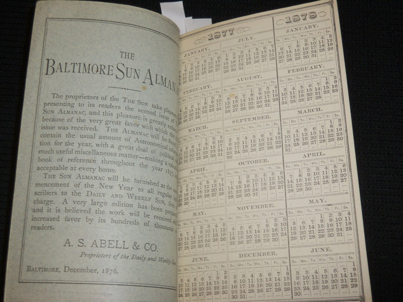 1877 THE BALTIMORE SUN ALMANAC - SOFTCOVER - A. S. ABELL & CO. - J 6865