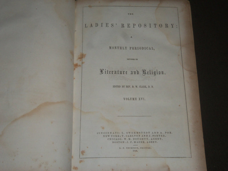 1856 JAN-DEC LADIES' REPOSITORY BOUND VOLUME NO. 16 - GREAT ENGRAVINGS - KD 4340