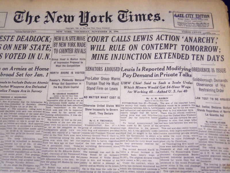 1946 NOVEMBER 28 NEW YORK TIMES - COURT CALLS LEWIS ACTION ANARCHY - NT 832