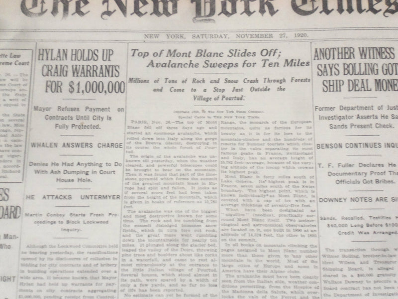 1920 NOVEMBER 27 NEW YORK TIMES - TOP OF MONT BLANC SLIDES OFF - NT 8459
