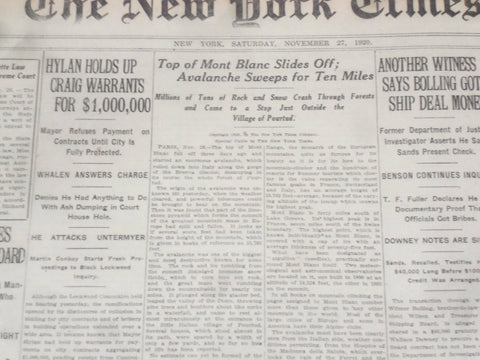1920 NOVEMBER 27 NEW YORK TIMES - TOP OF MONT BLANC SLIDES OFF - NT 8459