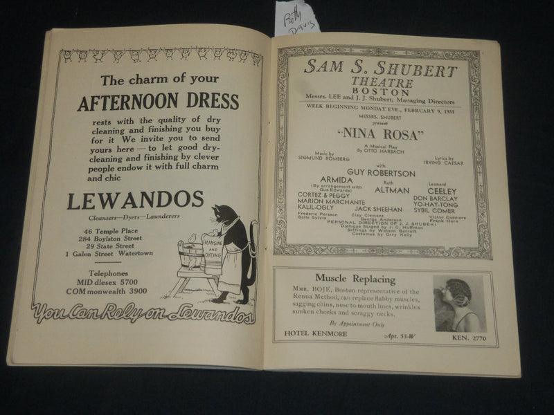 1931 NINA ROSA - SAM'S SHUBERT THEATRE PROGRAM - BETTY DAVIS - J 5665
