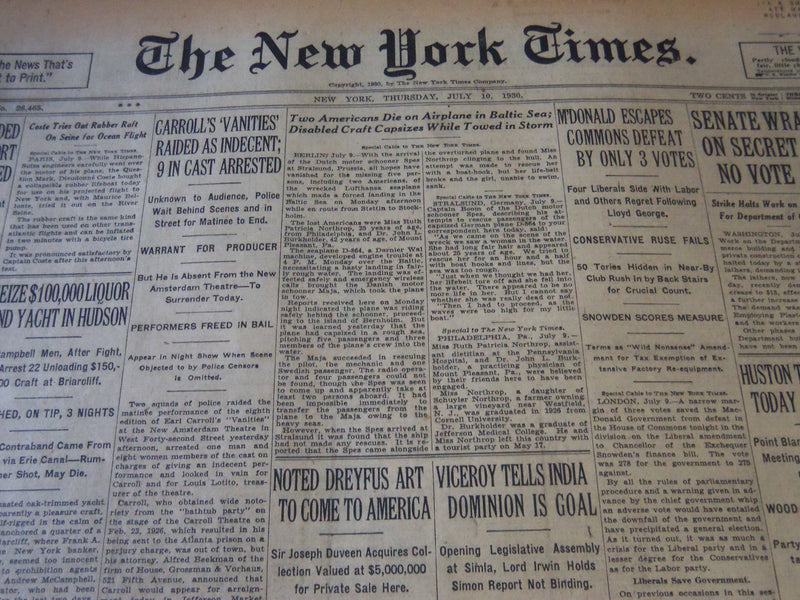 1930 JULY 10 NEW YORK TIMES - CARROLL'S VANITIES RAIDED AS INDECENT - NT 6325