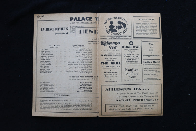 1947 LAURENCE OLIVIER'S PRESENTATION OF HENRY V PROGRAM- PALACE THEATRE - K 1838