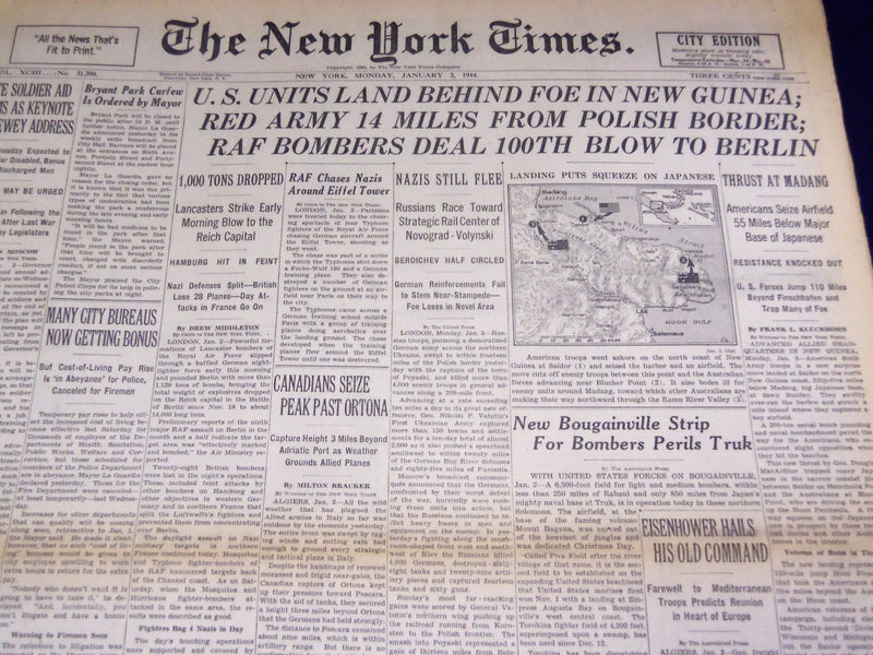 1944 JANUARY 3 NEW YORK TIMES - U. S. LAND BEHIND FOE IN NEW GUINEA - NT 2587