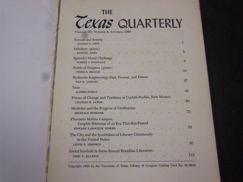 1960 AUTUMN THE TEXAS QUARTERLY MAGAZINE VOLUME 3 NO. 3 - II 8010