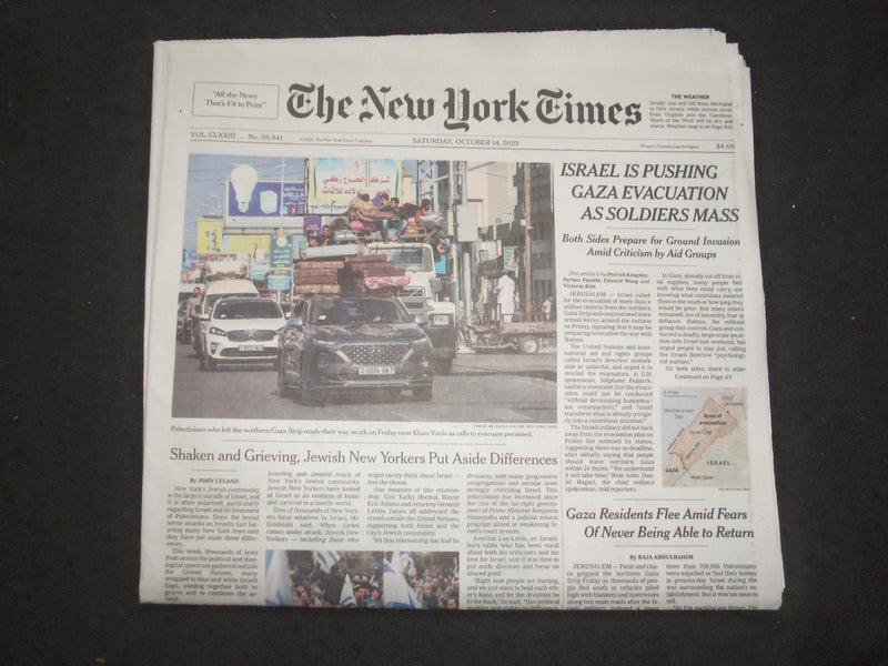 2023 OCTOBER 14 NEW YORK TIMES - ISRAEL PUSHING GAZA EVACUATION AS SOLDIERS MASS