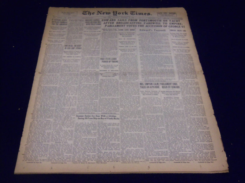 1936 DEC 12 NEW YORK TIMES - EDWARD ON YACHT AFTER FAREWELL TO EMPIRE - NT 2136