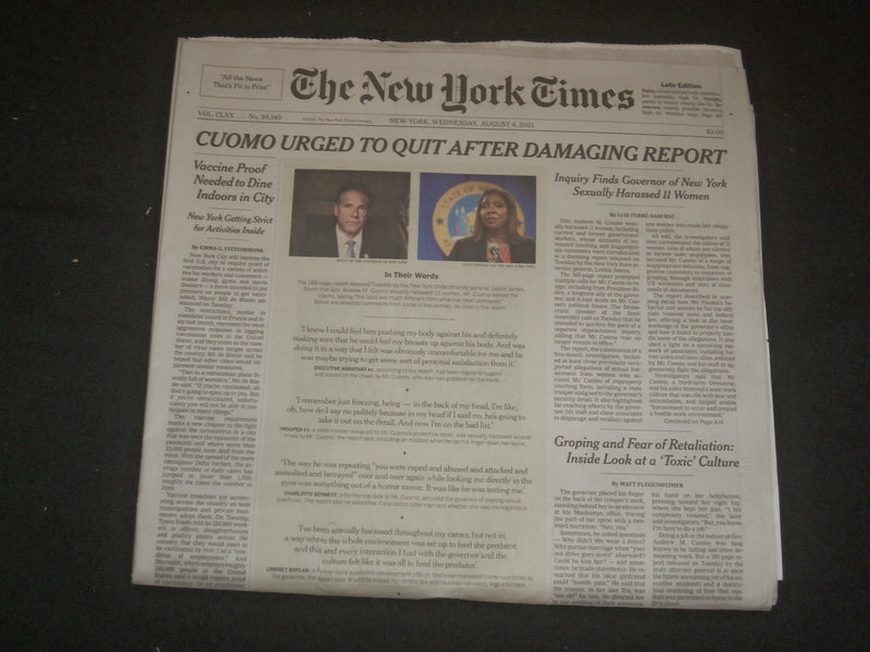 2021 AUGUST 4 NEW YORK TIMES - GOV. CUOMO URGED TO QUIT AFTER DAMAGING REPORT