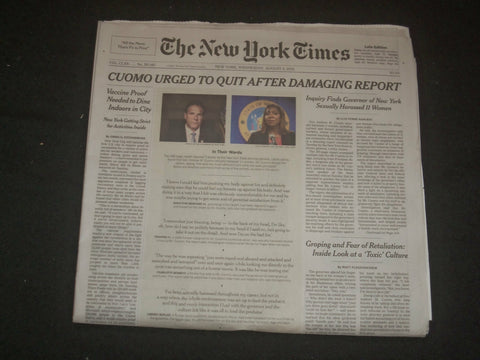 2021 AUGUST 4 NEW YORK TIMES - GOV. CUOMO URGED TO QUIT AFTER DAMAGING REPORT