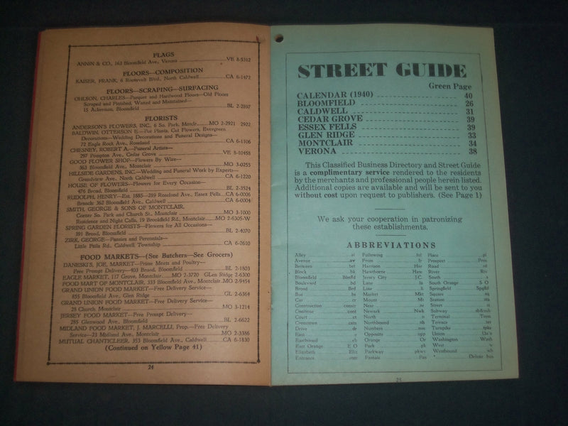 1940 BLOOMFIELD CALDWELL GLENRIDGE MONTCLAIR VERONA DIRECTORY BOOK - J 3959