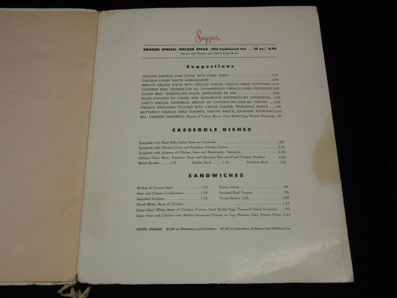 1962 CHASE CLUB PLAZA HOTEL MENU - GUY LOMBARDO - J 7271