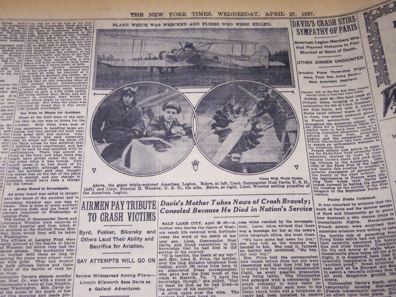 1927 APRIL 27 NEW YORK TIMES - DAVIS AND WOOSTER KILLED IN CRASH - NT 5052
