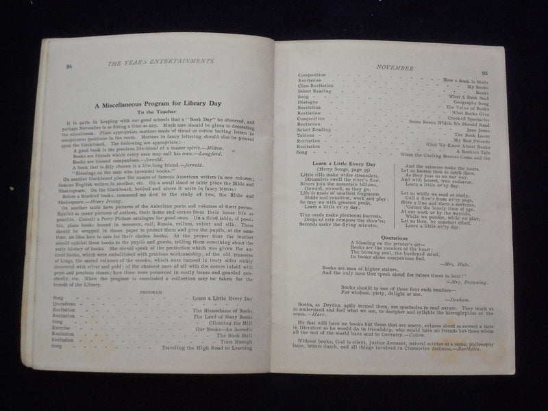 1909 NOV THE YEAR'S ENTERTAINMENTS FOR THE SCHOOL YEAR SOFTCOVER BOOK - J 9662