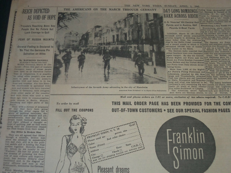 1945 APRIL 1 NEW YORK TIMES NEWSPAPER -ALLIES SWEEP IN REICH ROUT GROWS- NT 7285