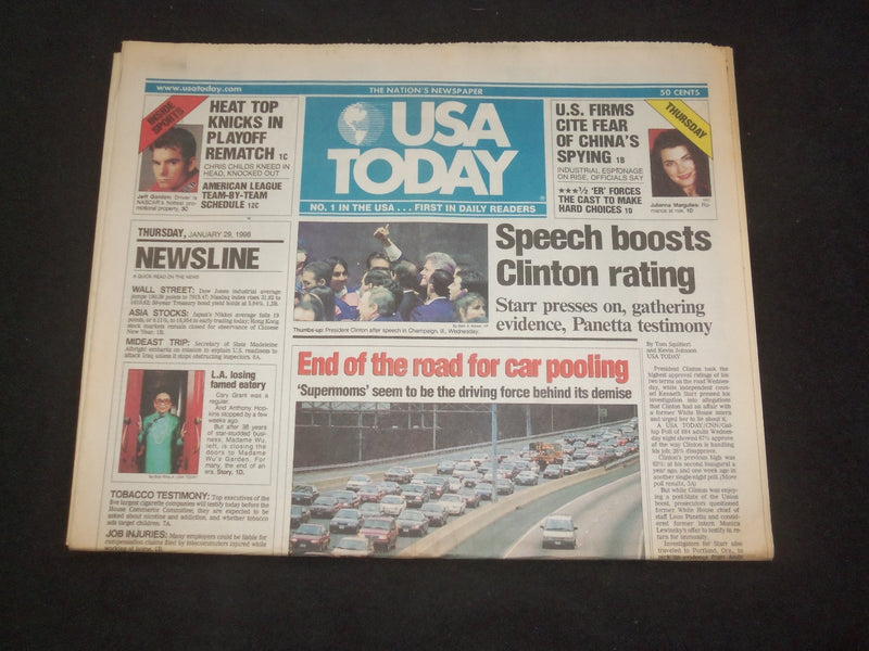 1998 JANUARY 29 USA TODAY NEWSPAPER - SPEECH BOOSTS CLINTON RATING - NP 7903