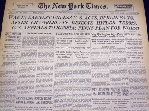 1939 OCTOBER 13 NEW YORK TIMES - WAR IN EARNEST UNLESS U. S. ACTS - NT 576