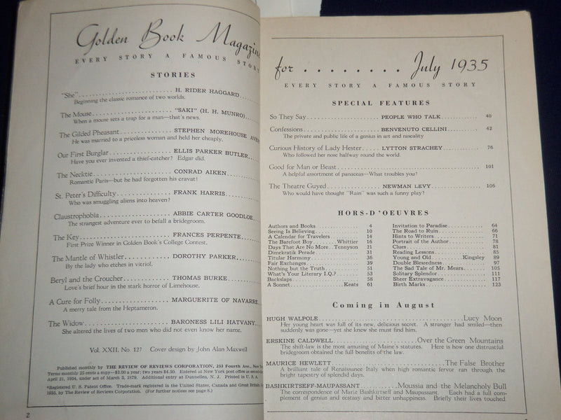 1935 JULY GOLDEN GOLDEN BOOK MAGAZINE - HAGGARD - SAKI - PARKER - ST 3367F