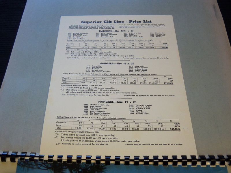 1956 SUPERIOR GIFT LINE HANGERS CALENDAR SALESMAN SAMPLE SHEETS BOOK - C 5
