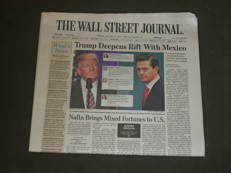 2017 JANUARY 27 WALL STREET JOURNAL NEWSPAPER - TRUMP DEEPENS RIFT WITH MEXICO