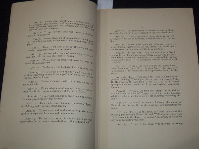 1889 WELLESLEY TOWN CLERK'S RECORD OF THE ANNUAL MEETING -MASSACHUSETTS - K 3102