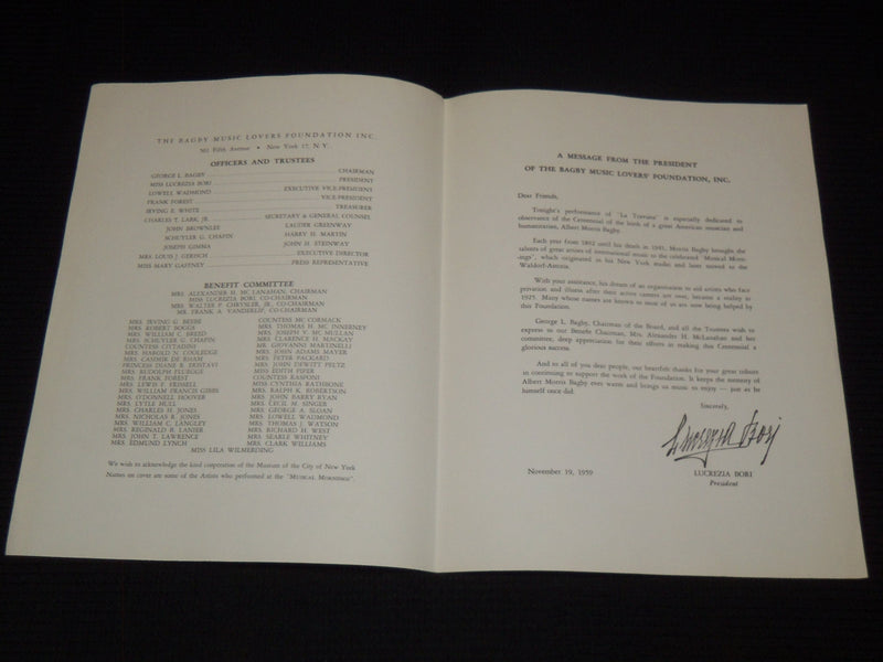 1959 THE BAGBY MUSIC LOVERS PROGRAM - LUCREZIA BORI - J 7882