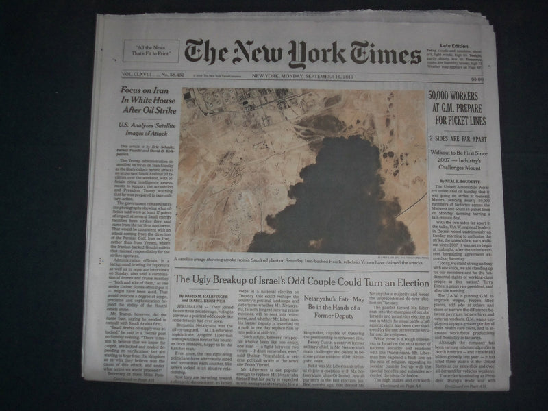 2019 SEPTEMBER 16 NEW YORK TIMES-50,000 WORKERS AT G.M. PREPARE FOR PICKET LINES