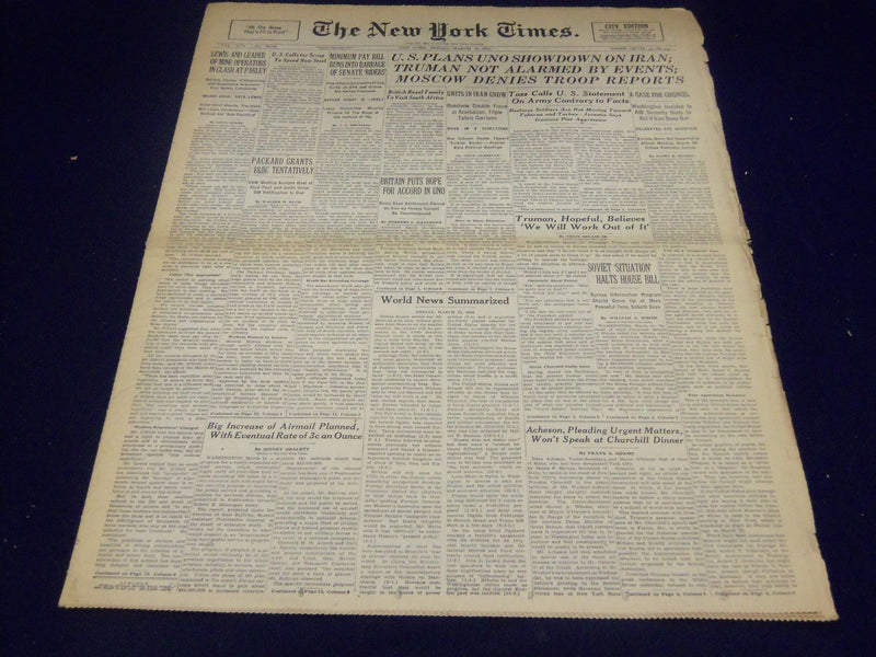 1946 MARCH 15 NEW YORK TIMES - UNO SHOWDOWN ON IRAN - NT 3463