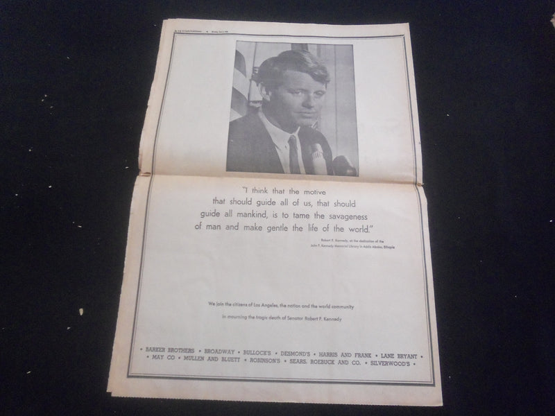 1968 JUNE 8 L. A. HERALD EXAMINER NEWSPAPER - ROBERT KENNEDY MOURNED - NP 5732