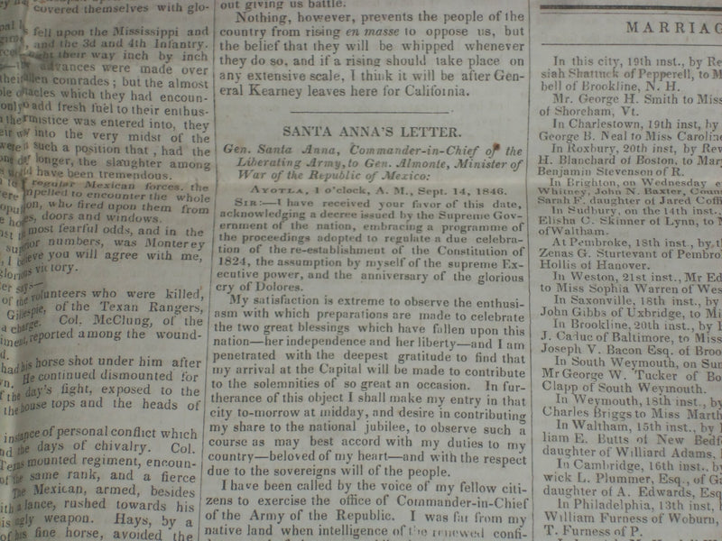 1846 OCTOBER 24 MASSACHUSETTS PLOUGHMAN NEWSPAPER - SANTA CLARA LETTER - NP 5134
