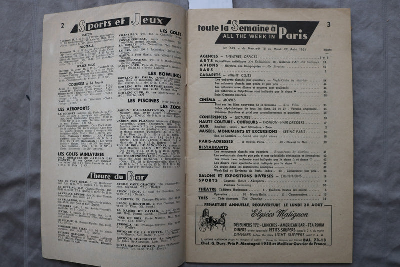 1961 AUGUST UNE SEMAINE DE PARIS MAGAZINE - FRENCH TEXT - K 3454