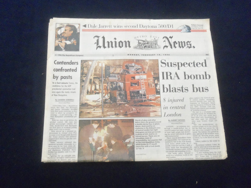 1996 FEB 19 UNION NEWS NEWSPAPER -SPRINGFIELD,MA - IRA BOMB BLASTS BUS - NP 6108