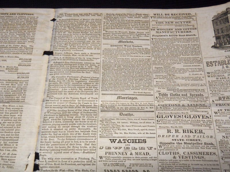 1851 JUNE 19 VERMONT WATCHMAN NEWSPAPER - MILLARD FILLMORE - NP 2152J