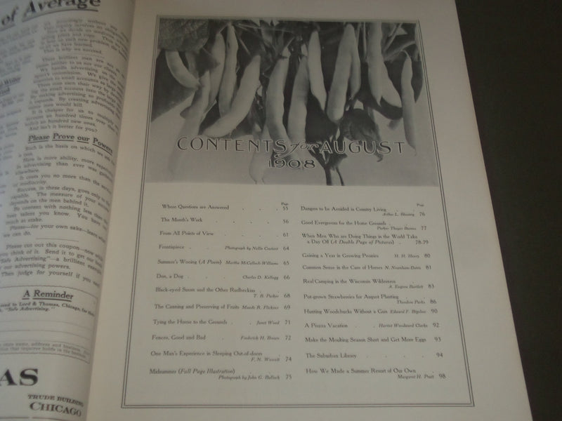 1908 AUGUST SUBURBAN LIFE THE COUNTRYSIDE MAGAZINE - GREAT COVER & ADS - SP 9509