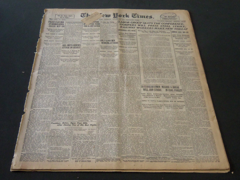 1919 OCTOBER 23 NEW YORK TIMES - GOMPERS WILL PRESS STEEL STRIKE - NT 6408