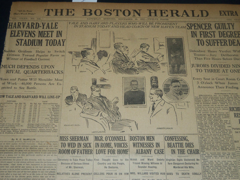 1911 NOVEMBER 25 THE BOSTON HERALD - HARVARD - YALE ELEVENS MEET TODAY - BH 192