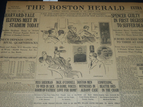1911 NOVEMBER 25 THE BOSTON HERALD - HARVARD - YALE ELEVENS MEET TODAY - BH 192